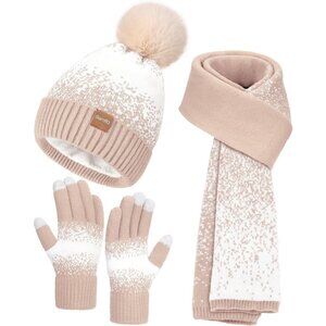 Women's Oatmeal White Winter Beanie Hat Scarf Gloves Set Pom Warm Christmas Gift